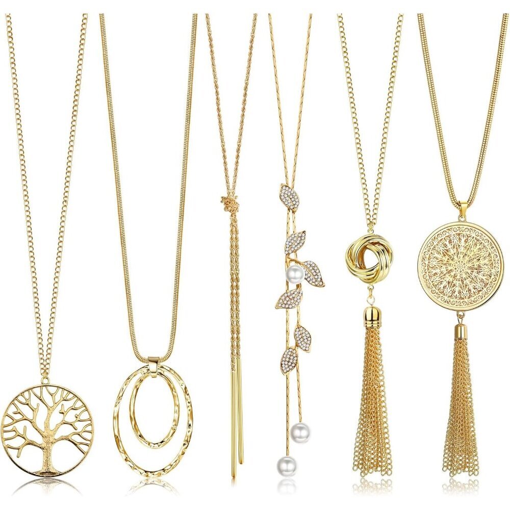 6Pcs Long Necklaces for Women Tassel Pendant Necklace Circle Knot Bar Feather Le